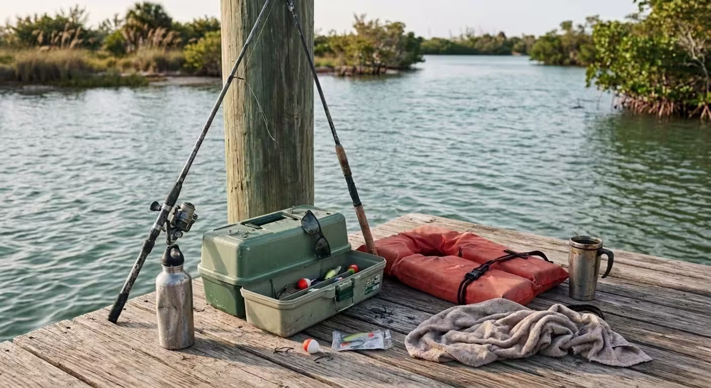 Fishing gear and essential items resting near the shoreline in South Florida