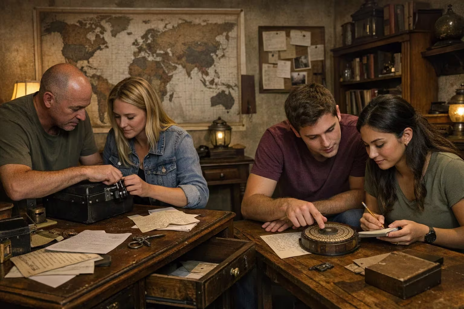 Group solving clues inside a realistic themed escape room in Fort Lauderdale