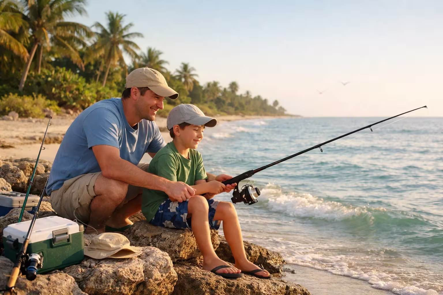 Parent and child fishing together from the rocky shoreline at sunset in South Florida