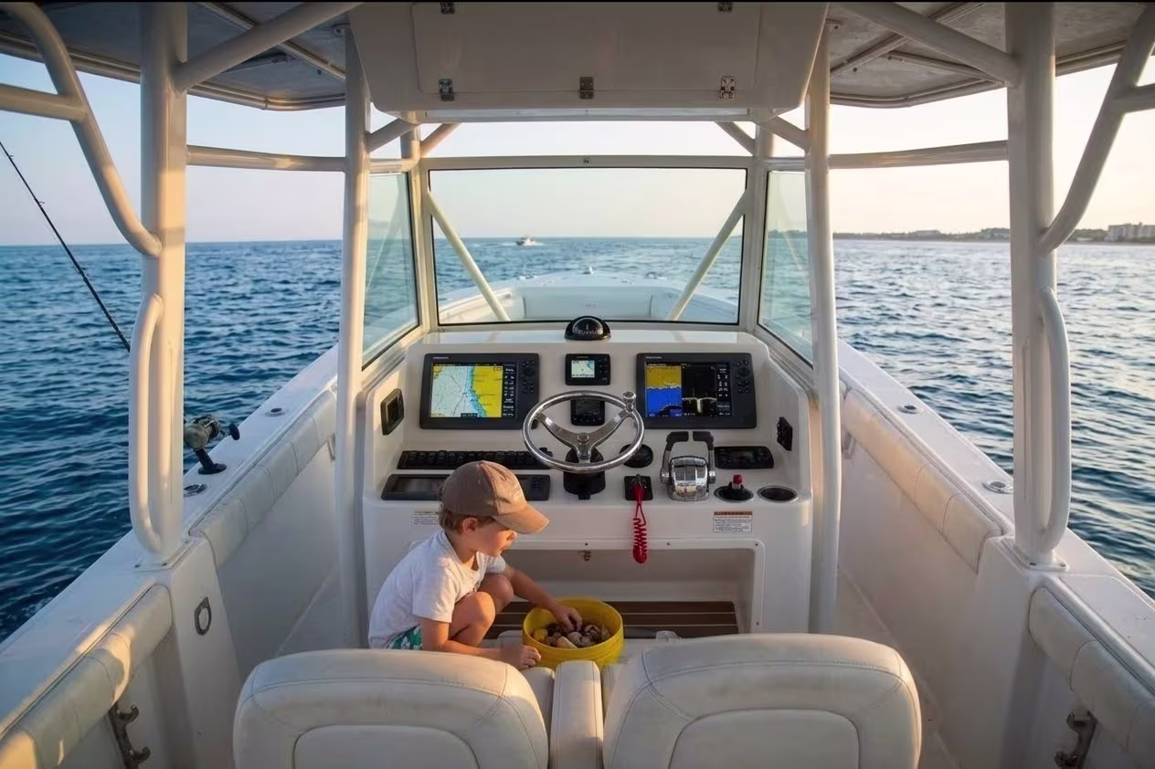 Family-friendly fishing charter boat on the water in South Florida