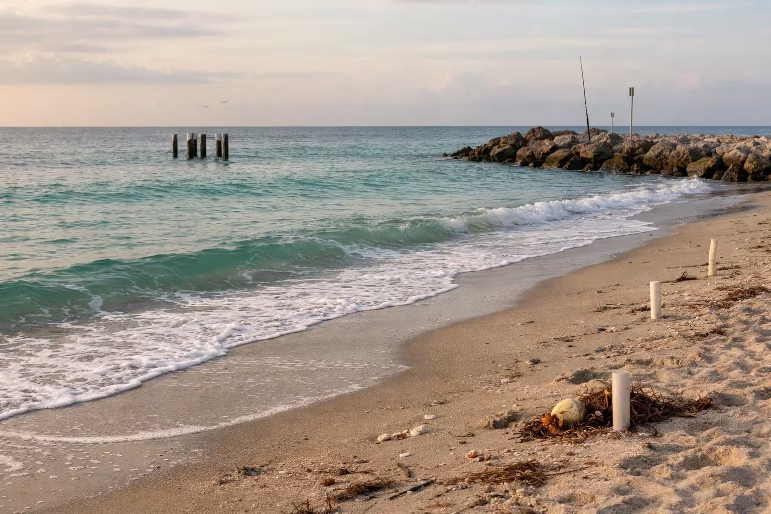 Gentle waves rolling onto a quiet sandy beach in South Florida