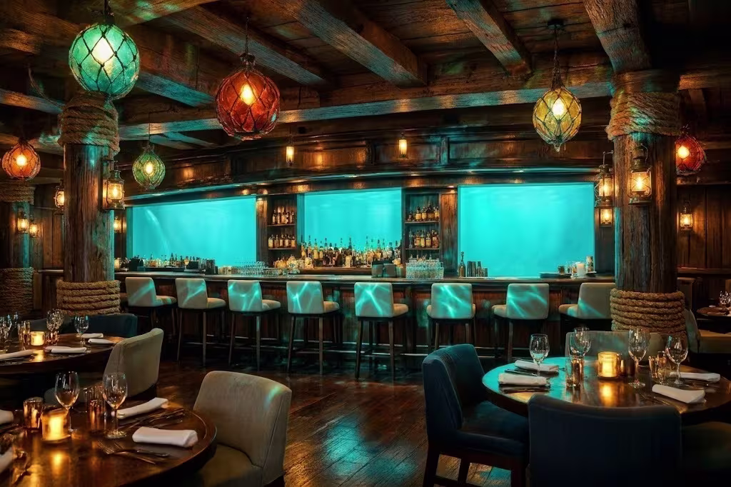 Ship-themed bar lounge with underwater viewing windows in Fort Lauderdale