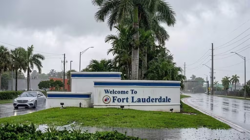 Detailed Fort Lauderdale welcome sign beside a palm-lined roadway