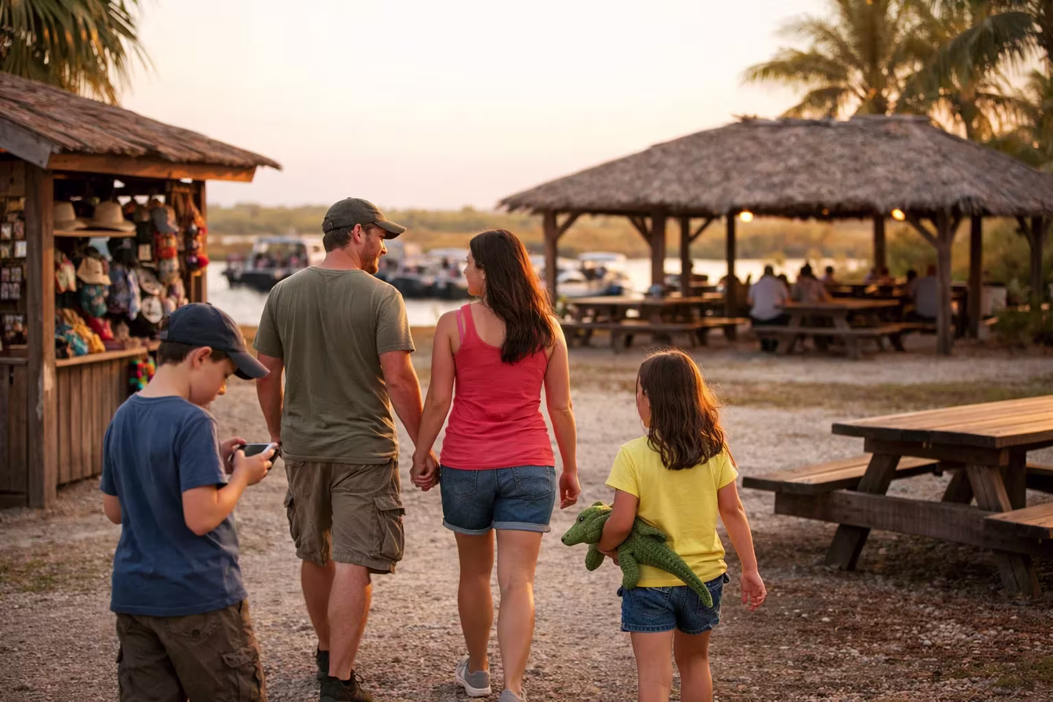 Family leaving an Everglades airboat tour area while reviewing photos