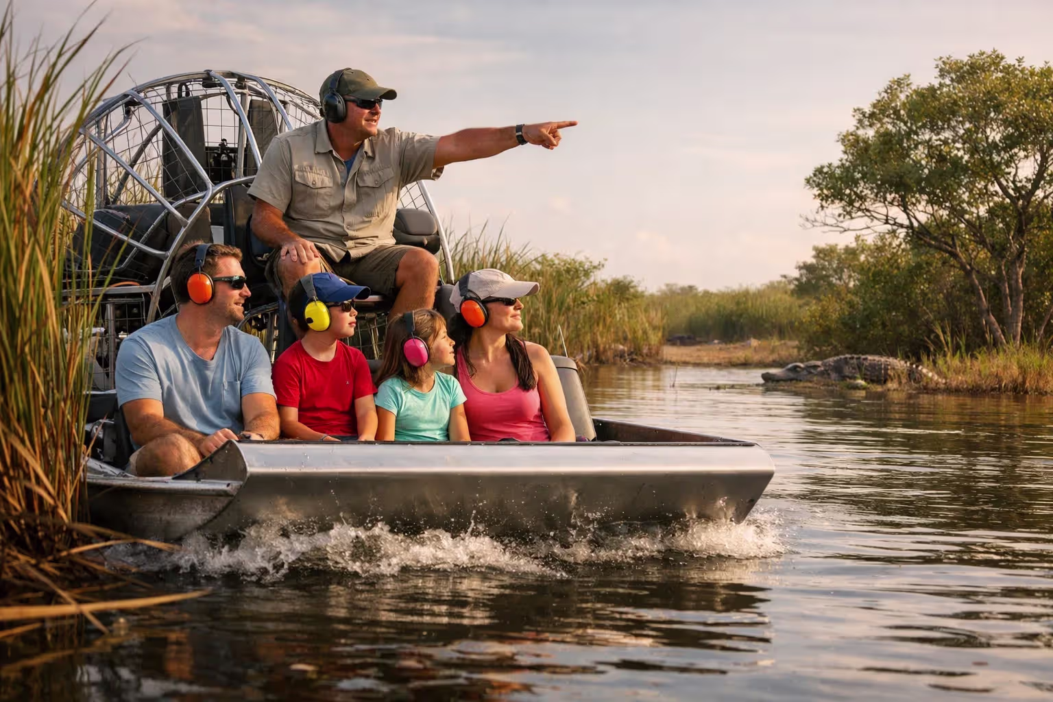 Family riding an airboat through the Florida Everglades with an alligator in the wild