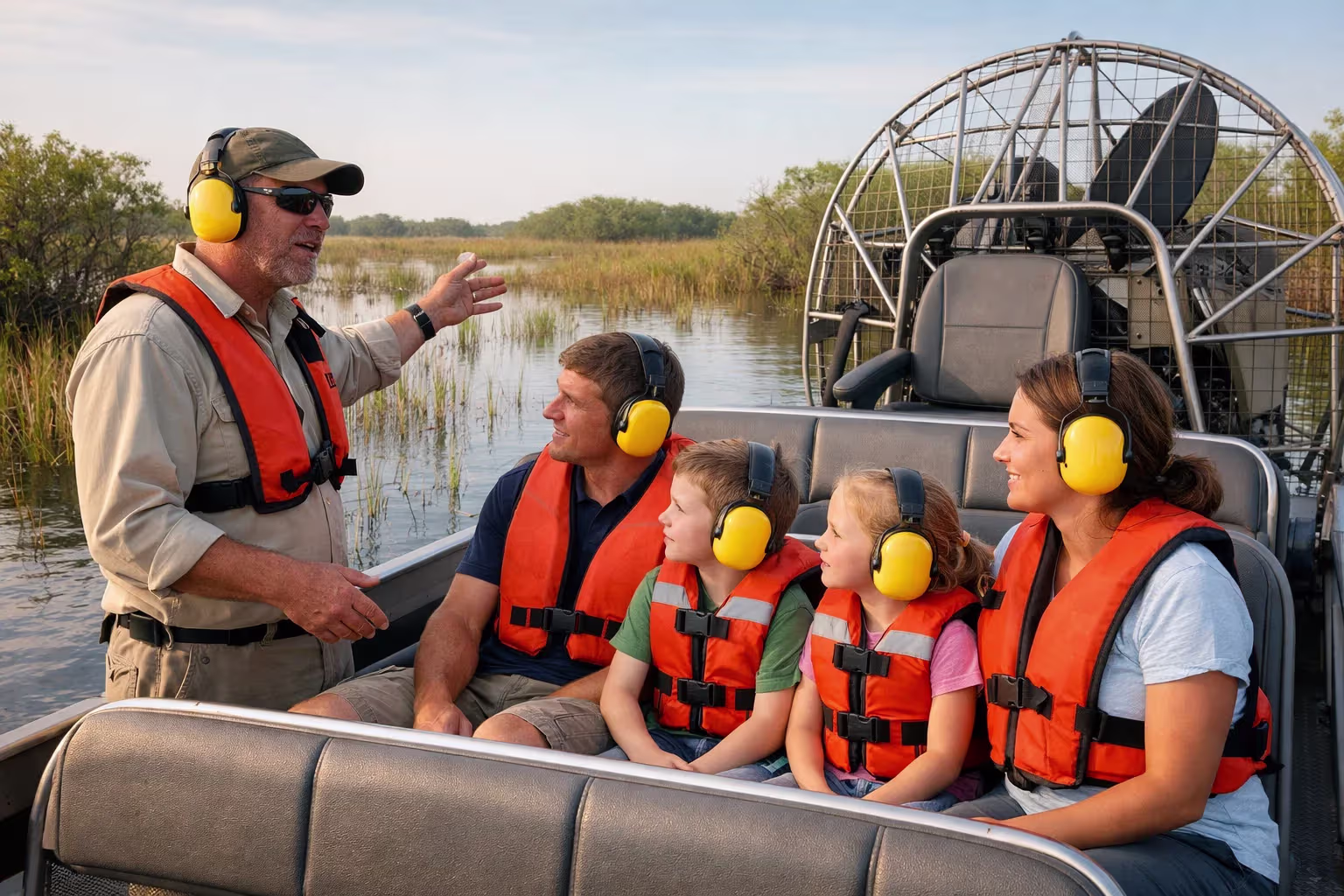 Family with children wearing life jackets and ear protection on a safe Everglades airboat tour