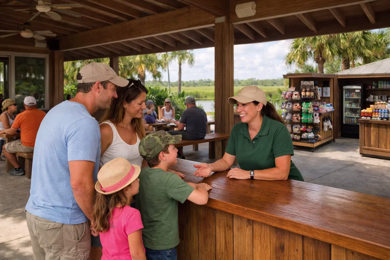 Family checking in at an Everglades tour facility with guest services staff