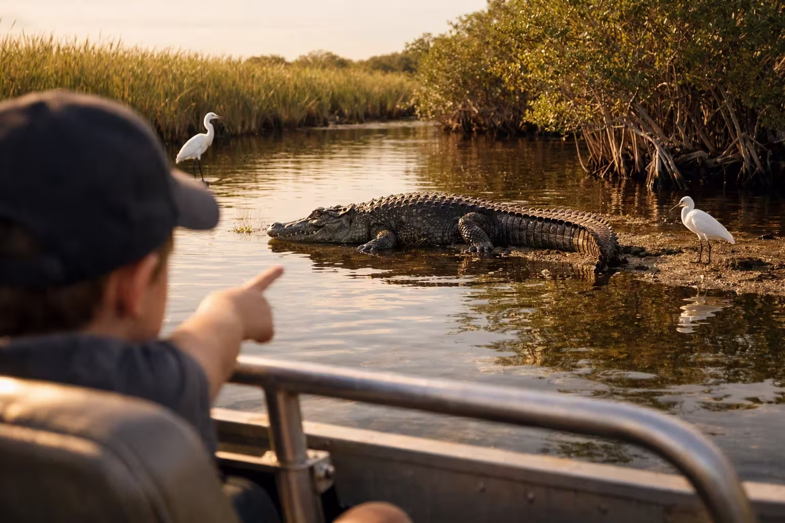 Child spotting an alligator from an airboat in the Florida Everglades