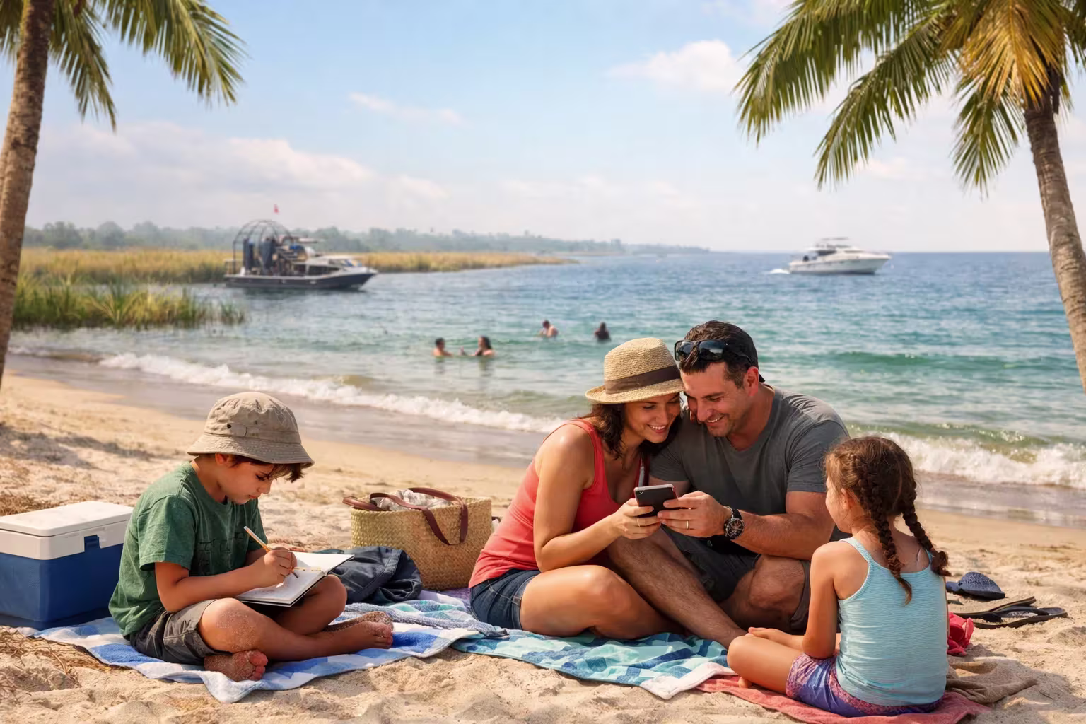 Family relaxing on a Fort Lauderdale beach after an Everglades tour