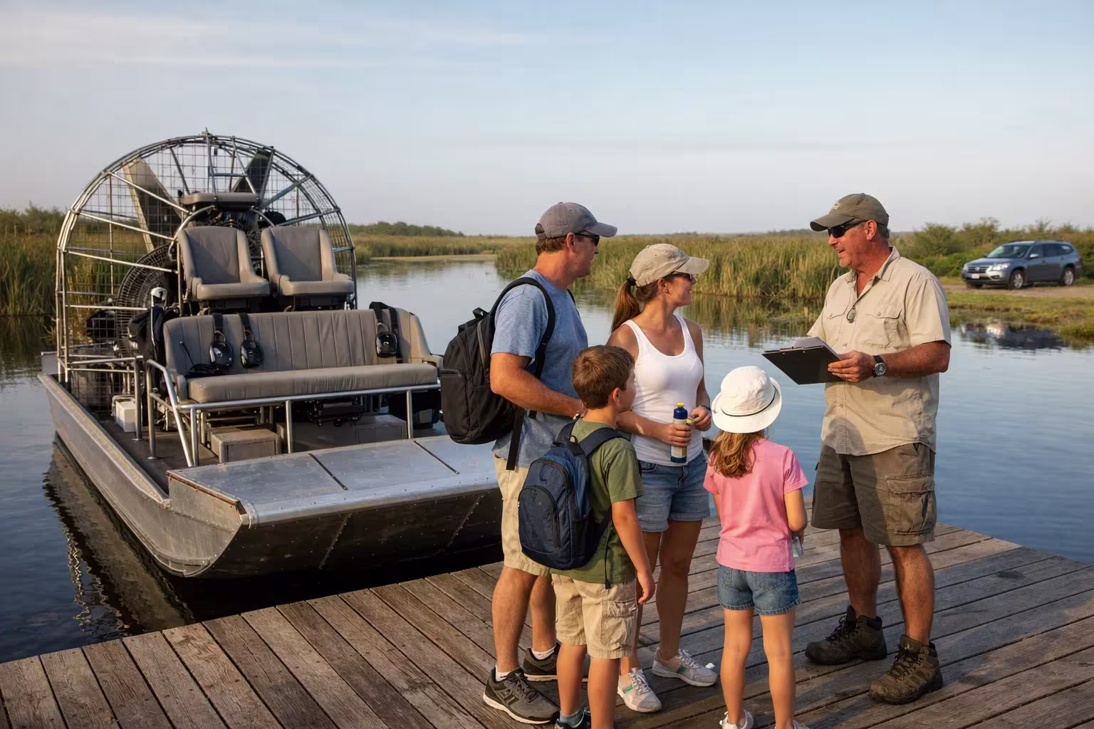 Family preparing to board an airboat near Fort Lauderdale wetlands