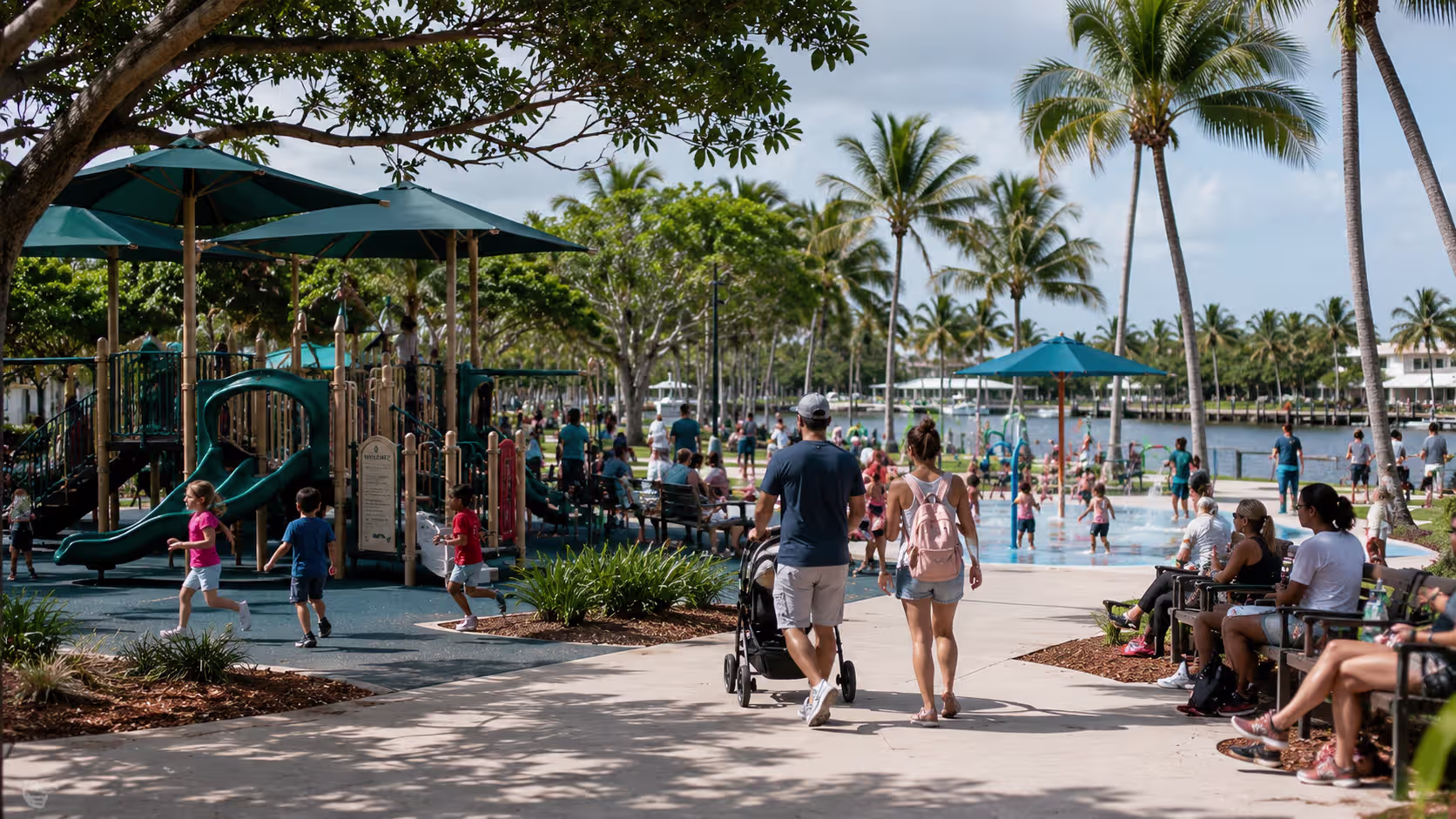 Children playing at a colorful waterfront playground in Fort Lauderdale