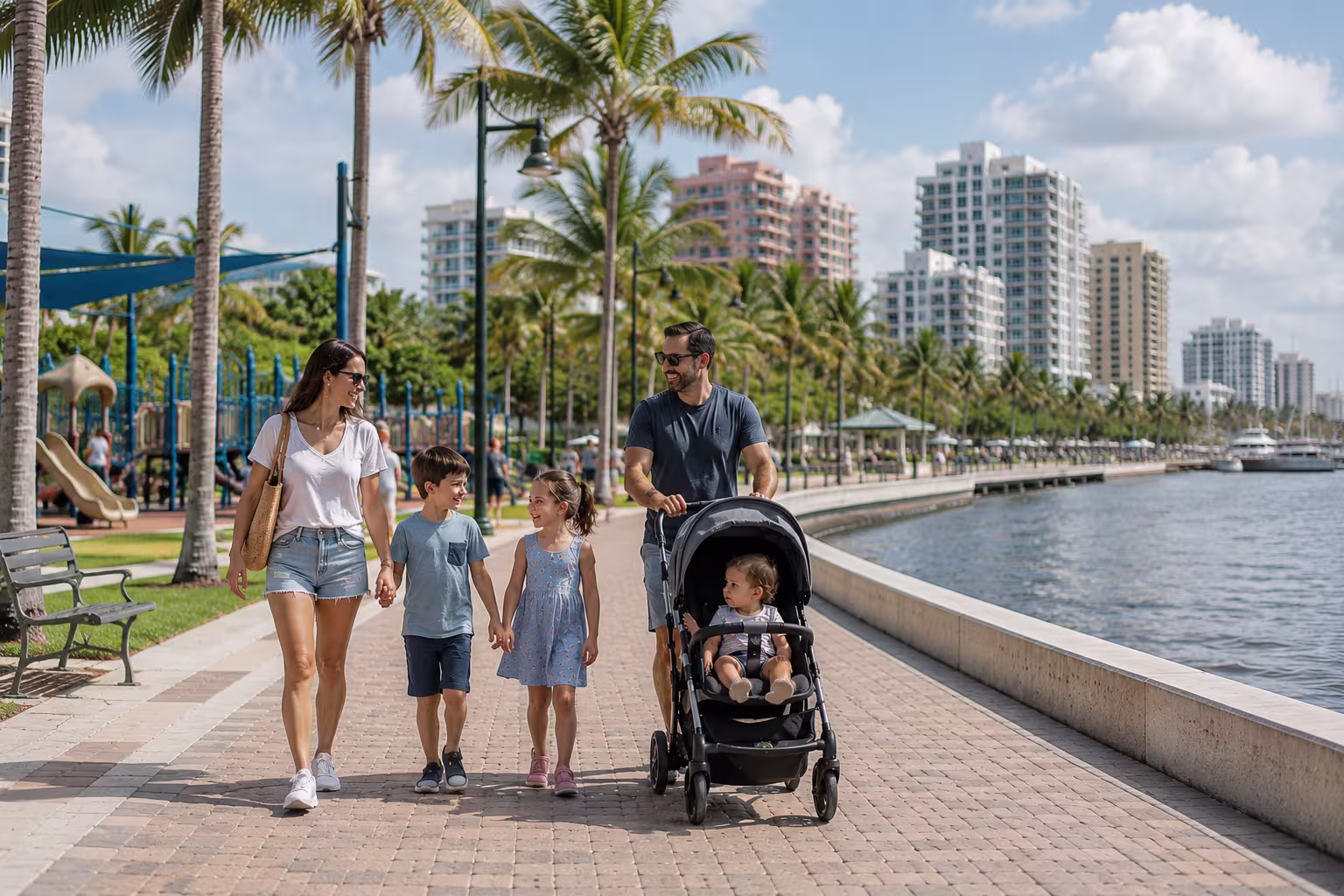 Family enjoying a free day outdoors in Fort Lauderdale with kids near the waterfront